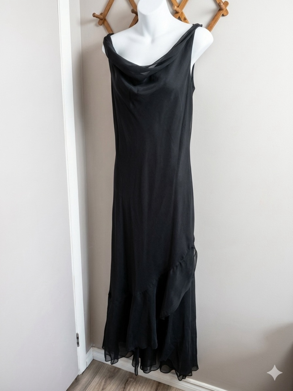 Chelsea Nites Vintage 90s Cowl Neck Angled Ruffle Overlay Dress Black Size 12